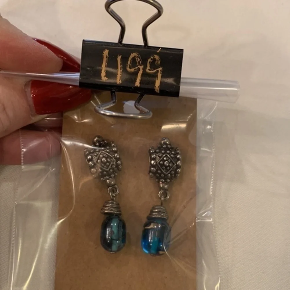 💐5/25 silver tone blue art glass round bead dangle drop - Picture 6 of 6